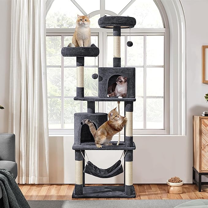Yaheetech 70.5in Cat Tower, Multi Level Cat Tree Kitten Condo with 2 Condos & 2 Plush Perches & Scratching Post & Dangling Ball for Medium/Large Cats Dark Gray