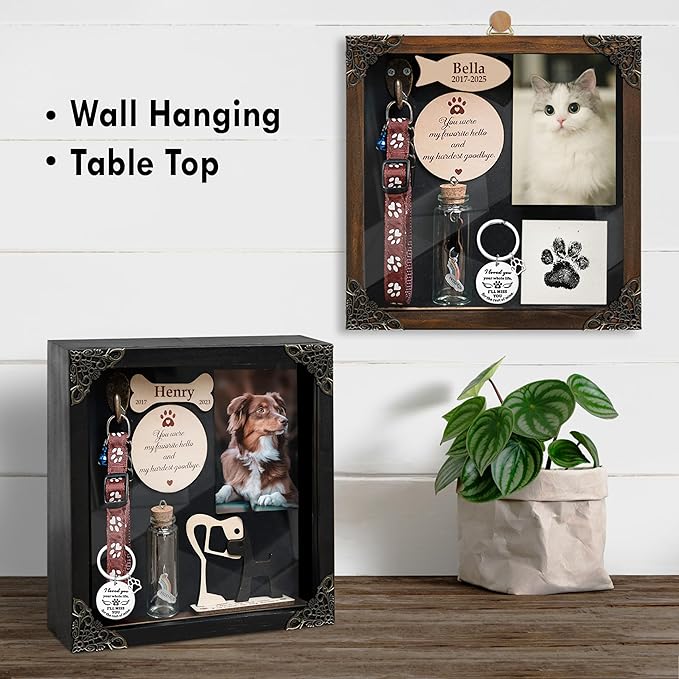 Personalized Shadow Box Cat Memorial Gift Collar Holder Picture Frame Sympathy Wood Pet Dog Cat Sculptures Fur Jar Rainbow Bridge Hair Teeth Keepsake Idea Gift for Pet Lover Tabletop Wall Hanging