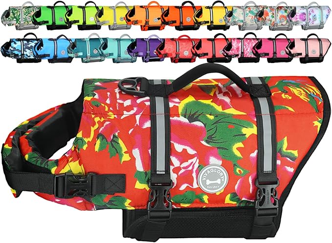 VIVAGLORY Rip Stop Dog Life Vest, Swimming Vest with Handle, Buoyancy for Doggy Puppy, Dog Life Jacket for Swimming & Boating, M, Northeast Florals-Red