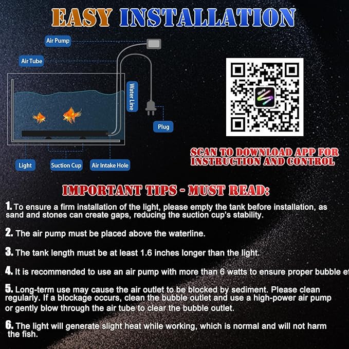 Smart App-Controlled LED Aquarium Light with 16 Million Colors, 12 Dynamic Effects, Fish Tank Light with Nano Air Bubble for Aquarium Bubbler Decorations, Submersible Fish Tank Accessories - 19''