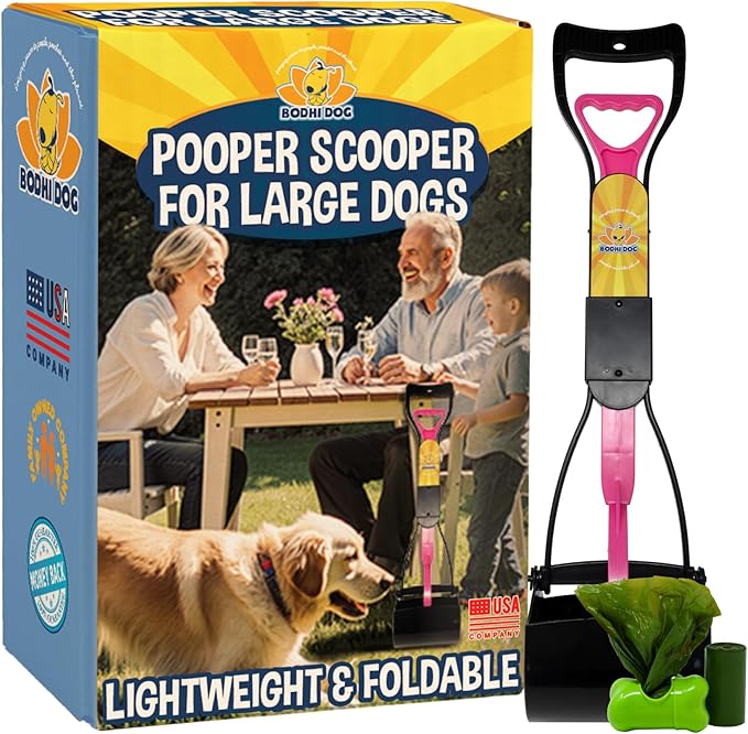 Bodhi Dog Complete Poo Pack- 24" Pooper Scooper, Poop Bags, & Waste Bag Holder, Ideal for Small to XL Pets - Durable, Easy-to-Use, Great for Grass, Gravel, & Outdoor Cleanups (Pink)