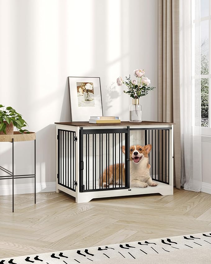 39.4" Heavy Duty Dog Crate Furniture with Barn Door, Wood Indoor Dog Crate Kennel for Small/Medium/Large Dogs, End Side Table, TV Stand, Anti-Chew Anti-Escape, White Brown DFC02314B