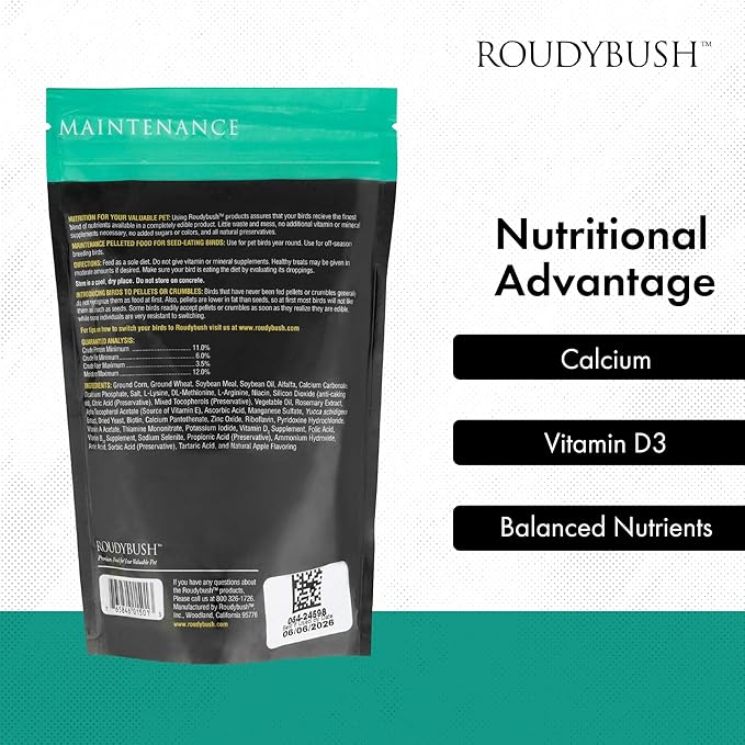 RoudyBush Daily Maintenance Bird Food, Crumbles Pellet Diet for Everyday Feeding, Complete Nutrition Support, No Artificial Colors or Flavors, Clean Label Formula, Crumbles Pellet Size, 8 oz