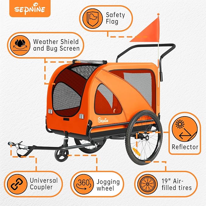Sepnine Dog Bike Trailer, Supports up to 110 lbs, 2-in-1 Pet Stroller Cart Bicycle Carrier, Easy Folding Cart Frame with Quick Release Wheels, Universal Bicycle Coupler, Non-Slip Floor, Internal Leash