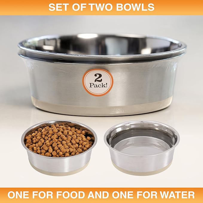 Neater Pet Brands Stainless Steel Dog Bowls with Non-Slip Rubber Bottom – Set of 2, 8 Cup (64 oz), Tan - Heavy Duty Metal Dog Bowl, Dishwasher Safe, Food or Water Bowl, Ideal for Large Dogs
