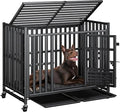 Heavy Duty Dog Crate, Reinforced Thickened Steel Frame Indestructible Kennel for Large & High Anxiety Dogs, Escape Proof Design with 3 Doors, 4 Lockable Wheels and 2 Removable Trays (42inch)