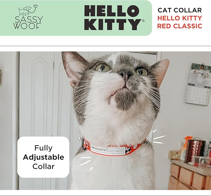 Sassy Woof Cat Collar Hello Kitty® Red Classic - S, Adjustable, Durable, Comfortable, Patented Design and Stylish Pet Accessories for Small Cats