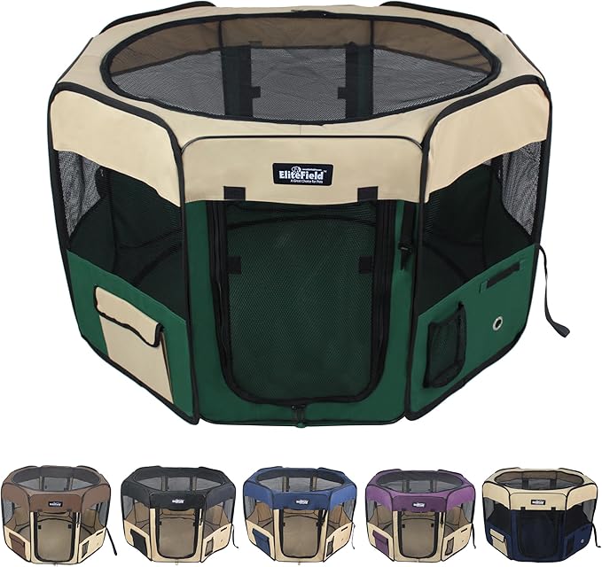 EliteField 2-Door Soft Pet Playpen (2 Year Warranty), Exercise Pen, Multiple Sizes and Colors Available for Dogs, Cats and Other Pets (62" x 62" x 36"H, Beige+Green)