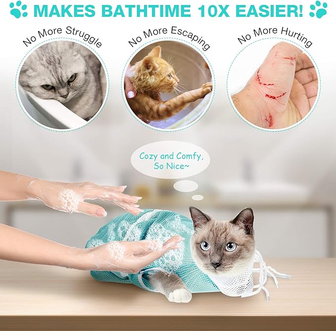 Cat Shower Net Bag Grooming Bathing Adjustable Washing Bag Multifunctional Cat Restraint Accessories Prevent Biting Scratching, Nail Trimming, Ears Clean, Keeping Calm(Green)