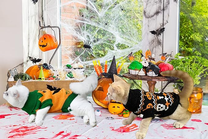 Vehomy 2Pcs Pet Halloween Sweaters Dog Halloween Pumpkin Sweater Kitten Cat Holiday Theme Turtleneck Knitwear Shirt with Pumpkin Skull Patterns Dog Puppy Halloween Costume Clothes for Small Dogs S
