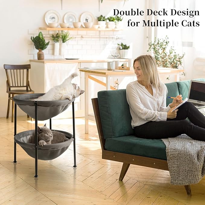 Double Cat Bed Grey, Breathable Kitty Bed for 2 Cats with 4 Adjustable Feet & Anti-Slip Mats, Easy Assembly Cat Hammock for Multi-cat Household, Indoors & Outdoors, 22.8 in x18.7 in x 18.7 in