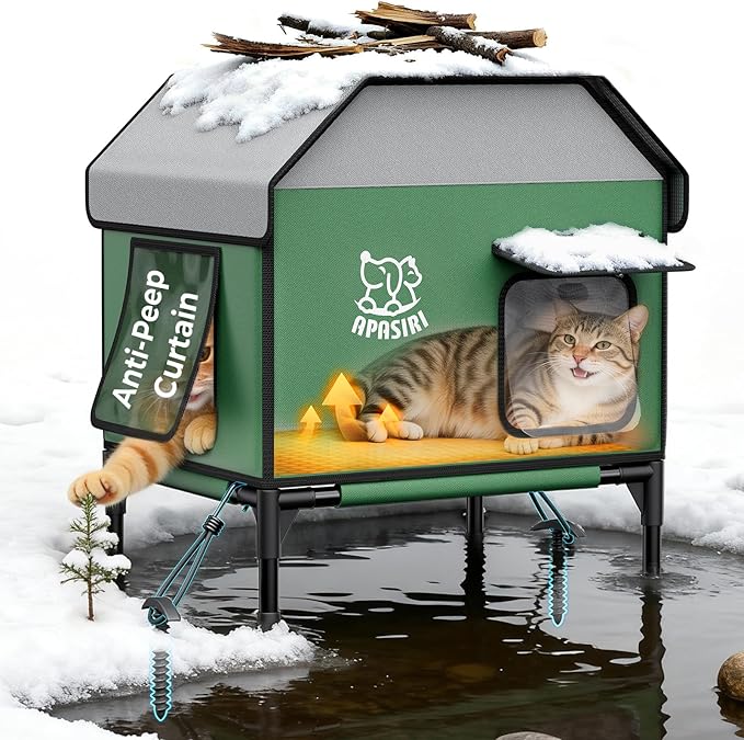 Apasiri Heated Outdoor Cat House for Winter: Insulated with Heating Pad, Indestructible Weatherproof Winter Shelter, Elevated Support to Keep Interior Dry for Stray Cats, Medium