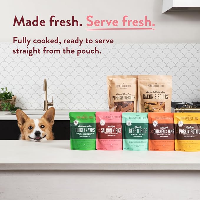 Portland Pet Food Company Fresh Dog Food Pouches Human-Grade Toppers Wet Pet Meal & Mix-Ins - Gluten-Free Limited Ingredient Wally’s Salmon N’ Rice - Large & Small Breed, Puppy to Senior - 5 Pack