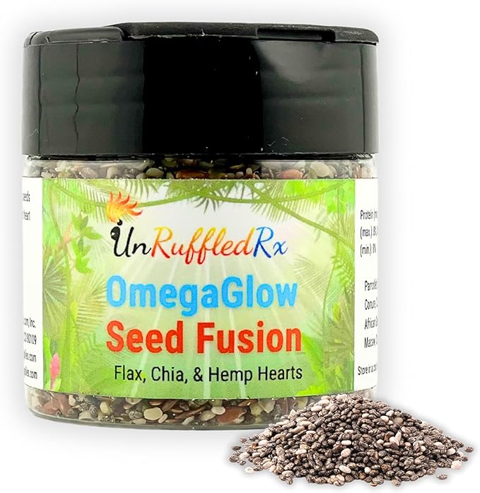 UnRuffledRx™ OmegaGlow for Birds – Raw, Natural Seed Blend for Feather Growth & Molting Support – Skin & Immune Health with Chia, Flax & Hemp Seeds – Helps Reduce Plucking – 2 oz Shaker Jar