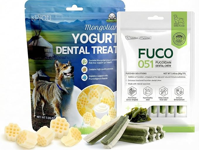 Dog Gut & Immune Health Bundle – Mongolian Yogurt Dental Chews (Probiotic & Prebiotic) + Fucoidan Superfood Supplement for Digestive Support & Vitality