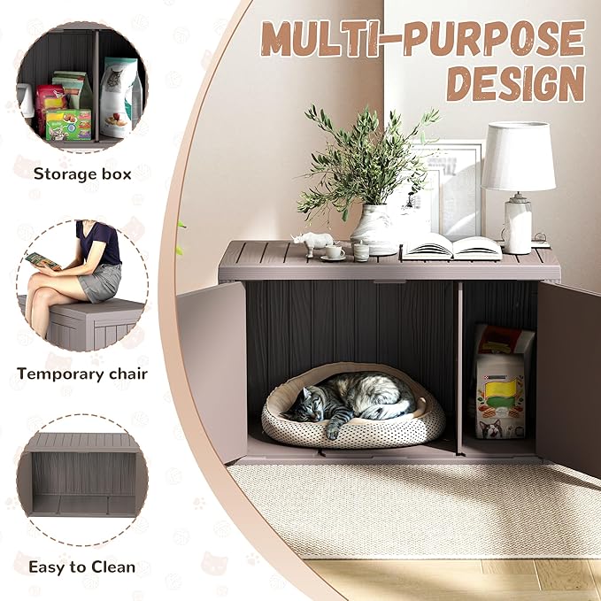 Hidden Cat Litter Box, Cat Litter Box Enclosure Furniture with Double Door, Indoor Outdoor Cat House, Adjustable Partition & Side End Table Design, Easy to Clean & Assemble(Grey)
