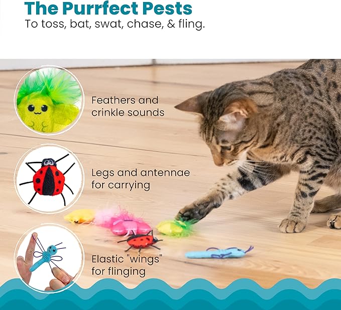 Catstages Cute as a Bug Cat Toys, 6-Pack Interactive Catnip Plush Toys with Crinkle, Feathers & Dental Mesh, Multicolored