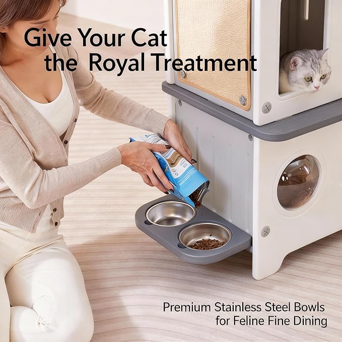 Insulated Outdoor Cat House Weatherproof for Feral Multi Cat, 2 Story Plastic Elevated Cat Shelter with Escape Door, Scratching Post, Stainless Steel Bowl, Grey 35" D x 15" W x 20" H