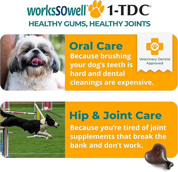 1TDC WorksSoWell Dual Action Hip and Joint Supplement for Dogs & Cats - for Large & Small Breed - Great for Oral Health, Stamina Recovery & Arthritis Pain Relief -30 ct