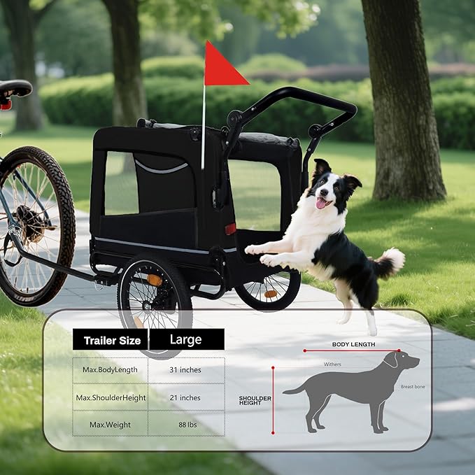 Extra Large 2-in-1 Bike Trailer & Push Cart for Pets - Detachable Bike Hitch & Push Handle Included - All-Terrain Wheels, Quick Release Wheel, Non-Slip Floor, Internal Leash, Holds Up to 88 lbs