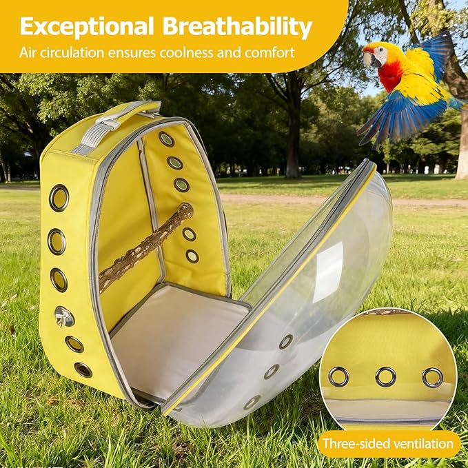Transparent Parrot Backpack,12 Holes Ventilate Space Capsule Carrier,Stick Wooden Standing Perch,Portable Double Shoulder Outdoor Pet Backpack Carrier for Birds and Pets (Blue,with Stick)