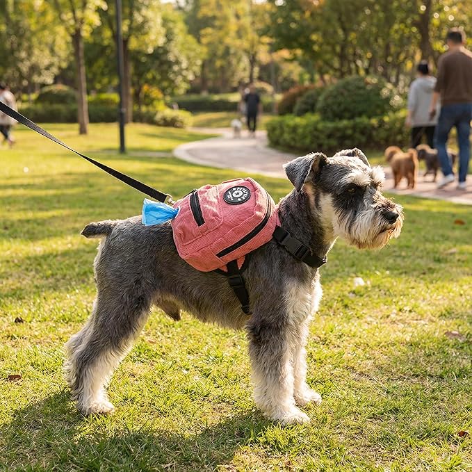FLAdorepet Dog Backpack Harness with Leash, Dog Poop Bag Dispenser, Pet Self Carrier Adjustable Travel Hiking Walking Harness Backpack for Small Medium Dogs (L(Fit:10-15lb), Pink)
