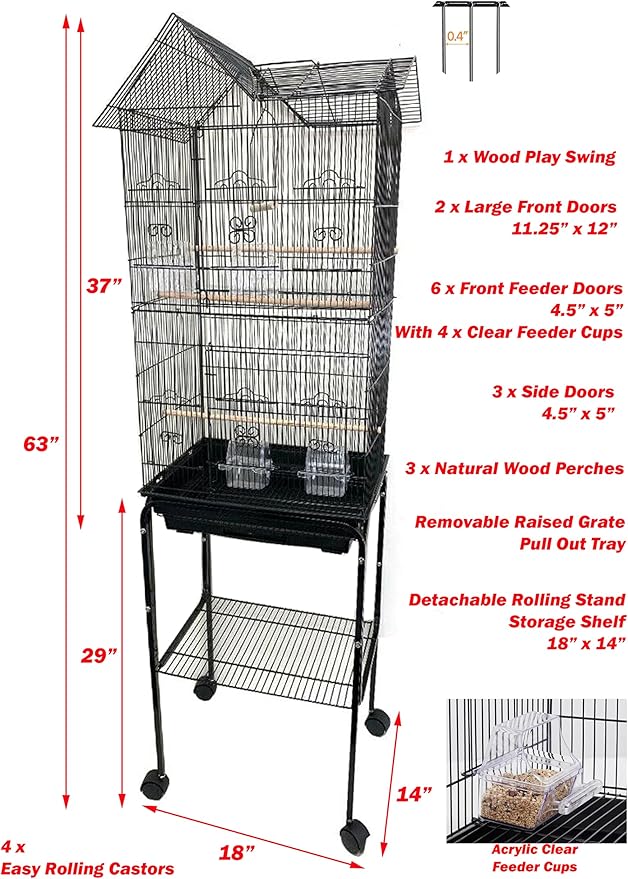 Large Canary Parakeet Cockatiel Lovebird Finch Roof Top Bird Cage with Stand -18"x14"x60" (Black)