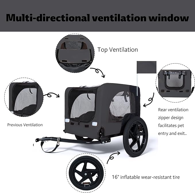 Heavy-Duty Dog Bike Trailer & Collapsible Pet Carrier for Bike with 16-Inch All-Terrain Wheels, Universal Hitch, Safety Flag & Weather-Resistant Design for Outdoor Adventures