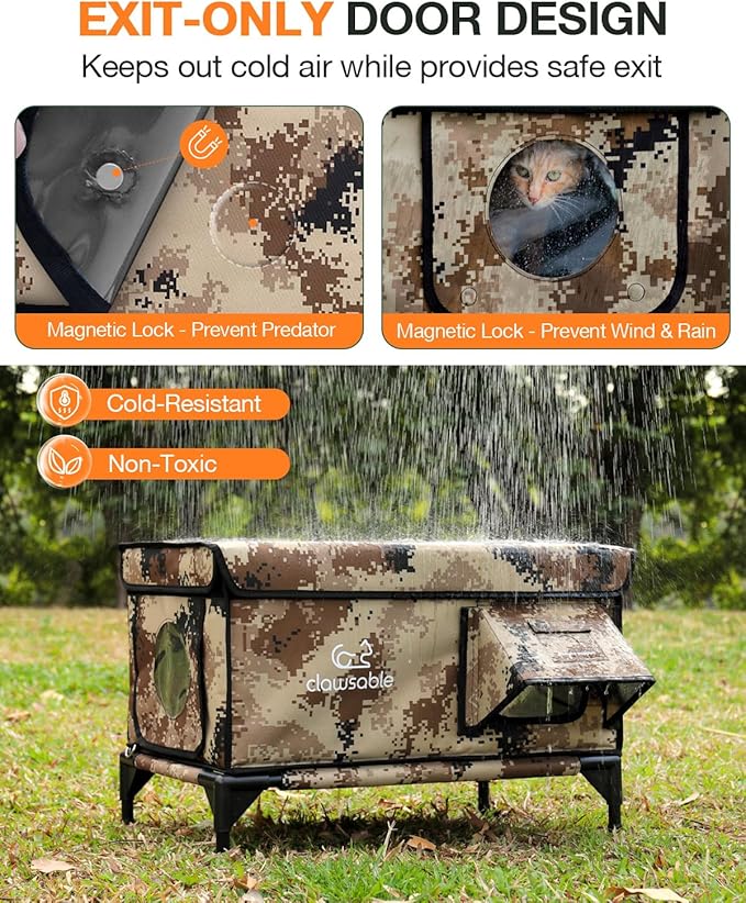 Indestructible Heated Cat House for Outside Winter, 100% Waterproof, Safe Escape Door, Insulated Outdoor Cat Shelter with Heater for Feral Barn Cat Kitty (Desert Camouflage, 26"x16"x18")