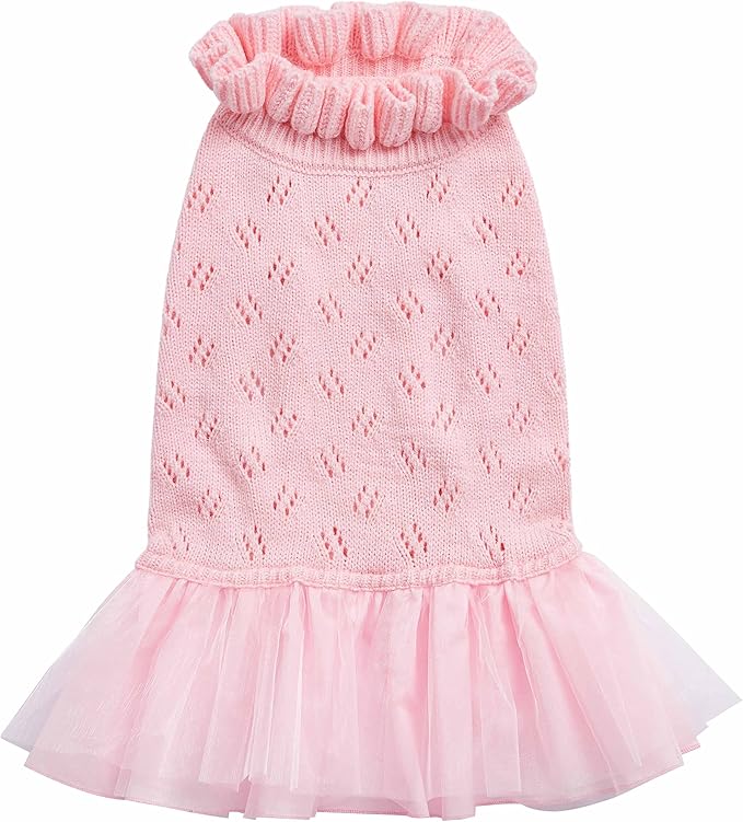 Blueberry Pet My Cutie Princess Ruffle Collar Dog Sweater Dress with Layered Tulle, Pink, Back Length 16", Fall Winter Clothes for Girl Dogs