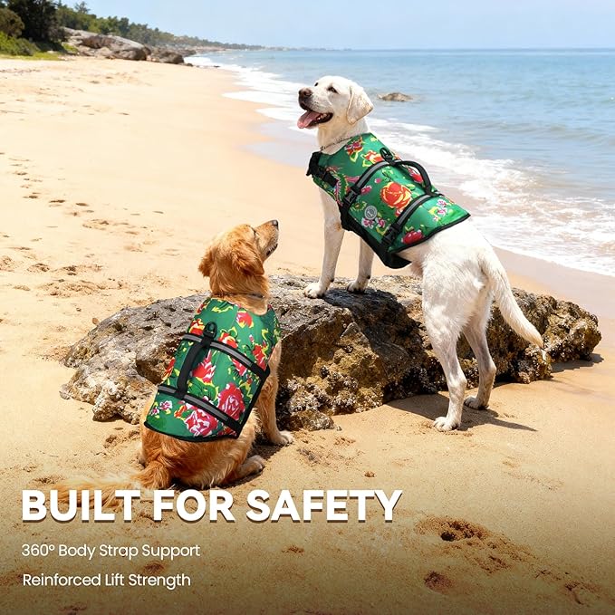 VIVAGLORY Rip Stop Dog Life Vest, Swimming Vest with Handle, Buoyancy for Doggy Puppy, Dog Life Jacket for Swimming & Boating, S, Northeast Florals-Green