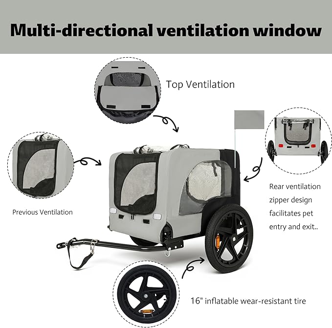 Heavy-Duty Dog Bike Trailer & Collapsible Pet Carrier for Bike with 16-Inch All-Terrain Wheels, Universal Hitch, Safety Flag & Weather-Resistant Design for Outdoor Adventures