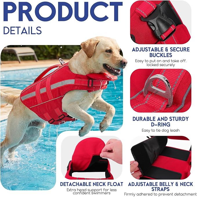 ASENKU Removable Front Float Dog Life Jacket, High Buoyancy Dog Life Vest with Reflective Strips & Rescue Handle for Swimming & Boating, Adjustable Life Jacket for Dogs(Red XL)