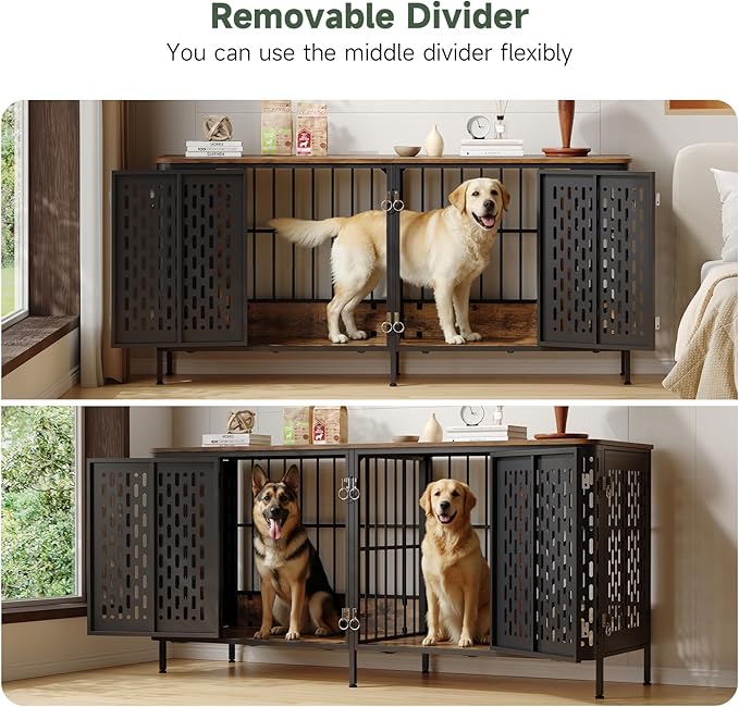 ONBRILL 71” Large Dog Crate Furniture for 1 or 2 Dogs,Large Double Dog Cage with Removable Divider,Heavy Duty Wooden Dog Crate As TV Stand with Steel Frame,Brown