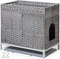 Cat Litter Box Enclosure Furniture, Hidden Handwoven Rattan Litter Box with Mat, Large Cat House with Metal Heightened Feet, 30.3 x 18.3 x 28 Inches, Indoor for Living Room, Bedroom Gray