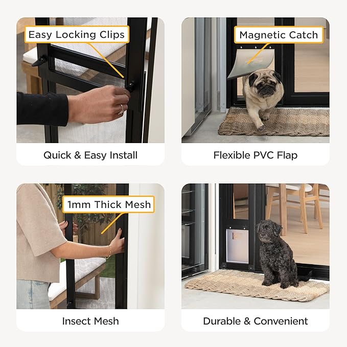 Hakuna Pets V2 Patio Pet Door Screen Insert Panel for Sliding Doors, Fits Door Track Min Ht 59.05" to Max Ht 84.25",UV Resistant Mesh, Locking Magnetic Dog Door, Easy Install and Removal,Medium,Black