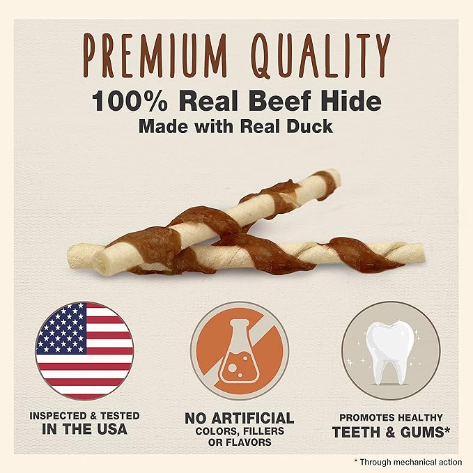 Cadet Gourmet Twists Sticks- Long Lasting & Natural Dog Treats for Large & Small Dogs Beef Hide & Duck - Inspected & Tested in USA (50 Count) (Pack of 2)