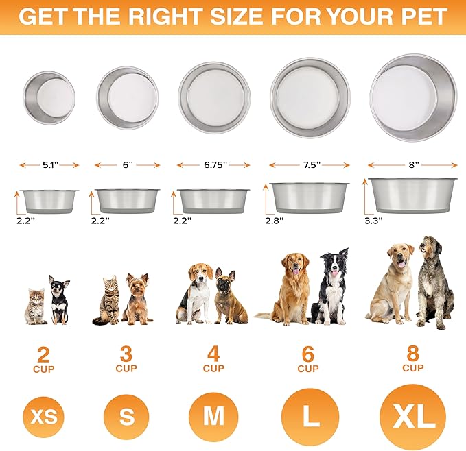 Neater Pet Brands Stainless Steel Dog Bowls with Non-Slip Rubber Bottom – Set of 2, 8 Cup (64 oz), Gray - Heavy Duty Metal Dog Bowl, Dishwasher Safe, Food or Water Bowl, Ideal for Large Dogs