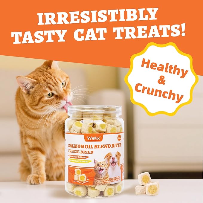 Wellix Salmon Oil Freeze Dried Treats for Cats&Dogs - Skin&Coat Chews with Taurine,Omega 3 for Cat - Crunchy Healthy Snacks for Indoor Training - Chicken&Fish Oil Flavor 3.53oz