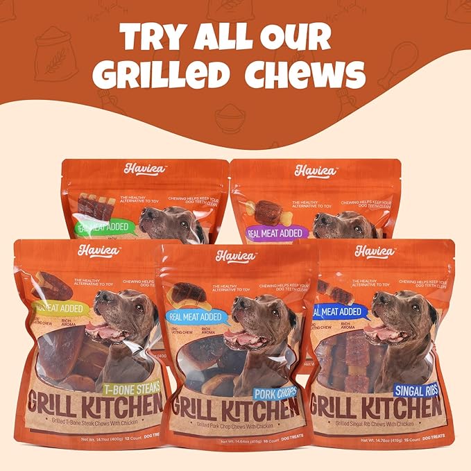 Havira BBQ Dog Treats T-Bone Steak 12 Count, Grill-Shaped Rawhide Free Dog Chews Bone, Easily Digestible, for All Life Stages