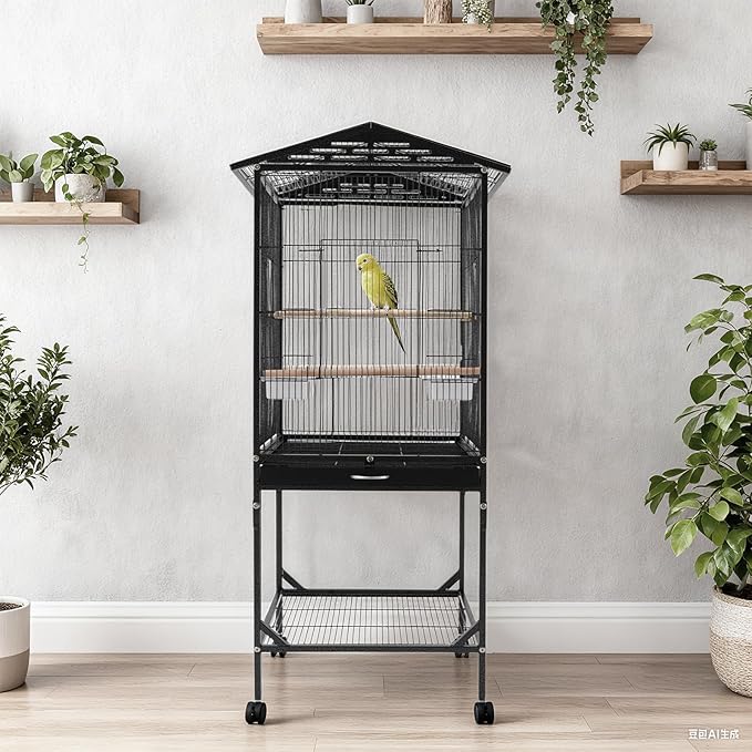 Large Bird Cage, Movable Pet Bird Flight Cages with Wheels 4 Feed Windows Slide-Out Tray, Panorama Bird Aviary 18.11x18.11x49.21in for Parrot, Parakeets, Budgerigars(Black Style1)