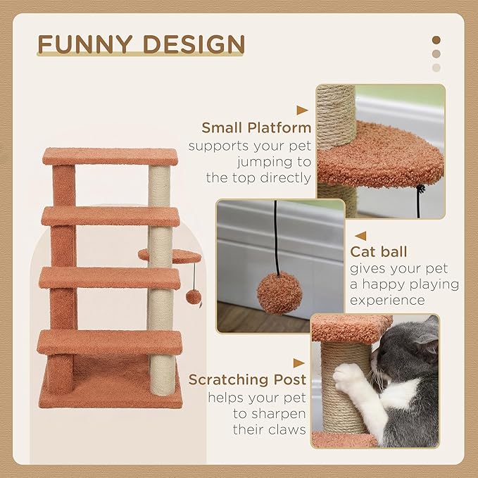 PawHut 4 Levels Cat Steps, Pet Stairs Carpeted Ladder, Kitten Tree Climber with Scratching Posts, Hanging Play Ball, Side Step, for High Bed, Sofa, Brown