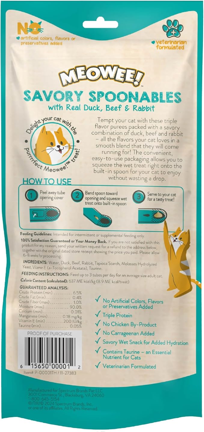 Savory Spoonables with Real Duck, Beef and Rabbit for Cats, 4 Count, Treat Your Cat to Triple Flavor Squeezable Lickable Wet Treats with Built-in Spoon for Less Mess (Pack of 2)