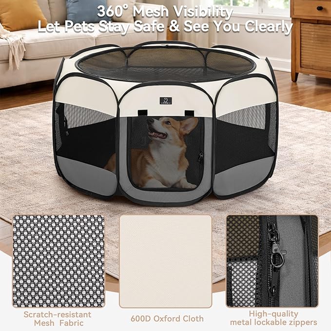 Portable Indoor Dog Playpen for Small Dogs & Puppies by A 4 Pet – 50.39" Pop-Up Soft Puppy Playpens with Bowl, Waterproof Floor, Calm Safe Space for Home, Travel & Daily Use