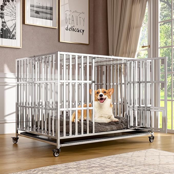 42" Heavy Duty Dog Crate, Escape Proof Stainless Steel Dog Kennel with Top Opening, 4 Lockable Wheels, Easy Clean Metal Dog Cage for Large/High Anxiety Dogs