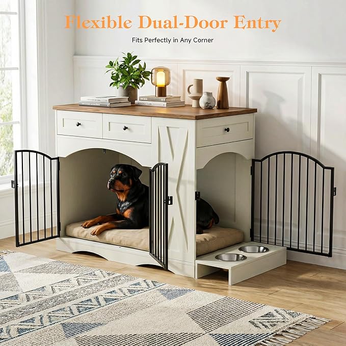 43.3" Furniture Style Dog Crate with 3 Storage Drawers, Heavy Duty Wood Pet Kennel with Removable Feeder, Modern End Table Dog House with Dual Doors for Large Dogs (41-70 lbs) (Brown)