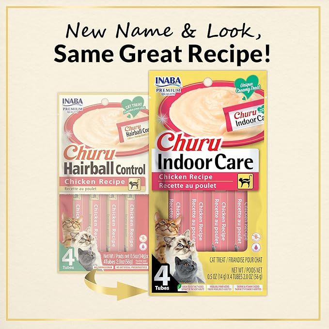 INABA Churu for Cats, Functional, Creamy Lickable Purée Cat Treat for Indoor Care and Hairball Control with Taurine & Vitamin E, 0.5 Ounces Each, 48 Tubes (4 per Pack), Chicken Recipe