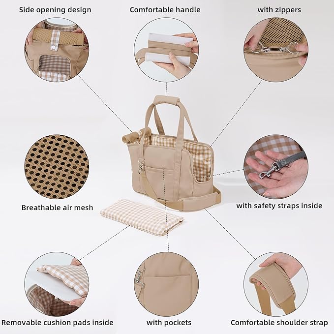 Pet Dog Casual Crossbody Bag, Hands-Free One Shoulder Soft Edged Pet Bag, Fully Open Sunroof Cover with Mesh Window and Large Front Pocket, Pet Carrier Purse for Small Dog Cat（Can Hold 10 Pounds）