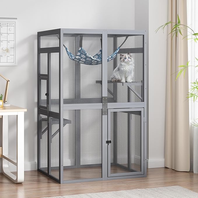COZIWOW Upgraded Catio Outdoor Cat Enclosure Window Access, Wooden Cat House Shelter, Kitty Cage with Platforms & Hammock Patio Indoor (Gray)