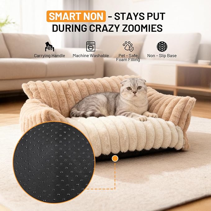 Cat Bed Couch Washable - Fluffy Supportive Pet Chair for Medium Indoor Cat - Large Cozy Dog Bed with Durable Fabric